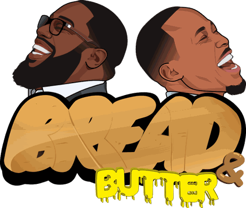Bread & Butter podcast logo: Eman and Tayo laughing above the Bread & Butter wordmark